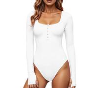 GJY Bodysuit da Donna, Chiusura con Bottoni a Pressione, Girocollo, Maniche Lunghe, Tuta Casual a Taglio Slim, Top Camicie, bianco, M