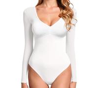 GJY Bodysuit Da Donna, Top Sexy Con Scollo a V e Manica Lunga in Maglia Senza Schienale, Top Body Per Uscire,Bianco