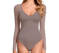 GJY Bodysuit Da Donna, Top Sexy Con Scollo a V e Manica Lunga in Maglia Senza Schienale, Top Body Per Uscire,Rosa-Viola