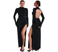 Gkaopi Abito Sexy Donna Vestito Lungo Aderente Elegante Abito a Maniche Lunghe Bodycon Maxi Vestiti Senza Schienale da Cocktail Festa Club Sera Casual
