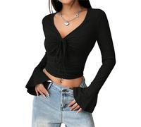 Gkaopi Maglietta Manica Lunga Donna Scollo a V Sexy Maglia Maniche Svasate Slim Fit Camicetta Ragazza Streetwear Top Y2K Clothes Autunno Inverno Casual T-Shirt