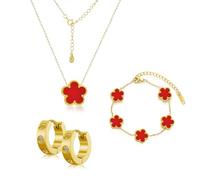 Gkaopi Parure Gioielli Quadrifoglio da Donna 18K Placcato Oro Acciaio Inossidabile Fortunato Quadrifoglio Collana Orecchini Bracciali Set di Gioielli 3 Pezzi Regolabili Regalo Portafortuna (Rosso)