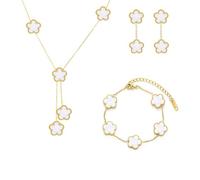 Gkaopi Parure Gioielli Quadrifoglio da Donna 18K Placcato Oro Acciaio Inossidabile Fortunato Quadrifoglio Collana Orecchini Bracciali Set di Gioielli Regalo con Fiore (bianco, Taglia unica)