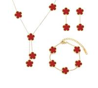 Gkaopi Parure Gioielli Quadrifoglio da Donna 18K Placcato Oro Acciaio Inossidabile Fortunato Quadrifoglio Collana Orecchini Bracciali Set di Gioielli Regalo con Fiore (rosso, Taglia unica)
