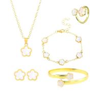 Gkaopi Parure Gioielli Quadrifoglio Inossidabile Fortunato Quadrifoglio Collana Orecchini Bracciali e Anelli Set di Gioielli 18K Placcato Oro Lega Set per Valentino per Donna Ragazze