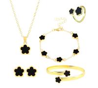 Gkaopi Parure Gioielli Quadrifoglio Inossidabile Fortunato Quadrifoglio Collana Orecchini Bracciali e Anelli Set di Gioielli 18K Placcato Oro Lega Set per Valentino per Donna Ragazze