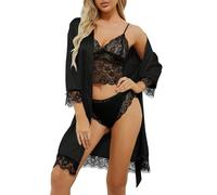 Gkaopi Pigiama da Donna 4 Pezzi Set Pigiama a Maniche Lunghe in Raso con Cintura Pizzo Canotta Lingerie con Intimo Corto Sexy Pijamas Vestaglia Set Casual Home Nightwear