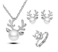 Gkaopi Set di Gioielli Natalizi per Donna Natale Collana e Orecchini Anelli 18ct Placcato Oro Parure Gioielli di Perla Ciondolo Regolabile Natale Accessori Feste di Natalizi (argento, Taglia unica)
