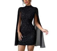 Gkaopi Vestito Donna Corto Sexy Maniche Lunghe Mini Abito Scollo Alto Aderente Abiti Elegante Nero Paillettes Vestiti da Sera Casual Bodycon Solid Tubino per Discoteca Cocktail Festa Party