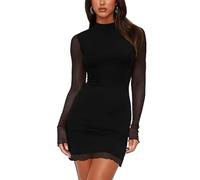 Gkaopi Vestito Donna Maniche Lunghe Sexy Mesh Mini Abito Elegante Bodycon Vestiti Aderente Aderente Collo a Rotondo Vestito Corto Abiti da Sera Slim Festa Vestiti per Cocktail Party Discoteca