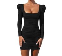 Gkaopi Vestito Donna Sexy Maniche Lunghe Mini Abito Elegante Corto Nero Elasticizzato Aderente Abiti Scollo Quadrato Vestiti Bodycon da Festa Discoteca Sera Cocktail Party