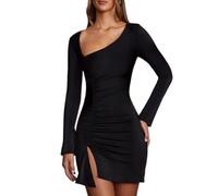 Gkaopi Vestito Donna Sexy Maniche Lunghe Mini Abito Scollo Obliquo Spacco Vestito Corto Elegante Bodycon Tubino Abito per Discoteca Feste Club Cocktail Party Formale