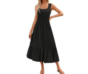 Gkaopi Vestito Estivo da Donna Senza Maniche Abiti Lungo con Tasche Eleganti Boho Abito da Spiaggia Casuale Vita Elastica Tinta Unita Abito di Linea A