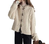 GKEIOSHQIL Felpa con cappuccio lavorata a maglia Autunno Lady Horn Button Down Sciolto Stile College Cardigan Casual Moda Lana Giacca da donna,Oatmeal,L