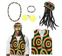 Gkhlg 5 pezzi costume da uomo Rasta cappello con parrucca dreadlock caraibico reggae accessori per uomo Bob Marley Costume per Halloween feste a tema Carnevale