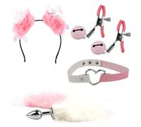 GKLWEJ Plug anal queue de renard, lot de 5 pièces, avec queue, oreilles de chat, accessoires pour cheveux, collier, pinces à tétons, plug anal pour couples