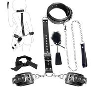 GKLWEJ Set bondage BDSM, colletto con manette in pelle con catene al guinzaglio, maschera per gli occhi e solletico con piume, restrizioni per il letto per il sesso