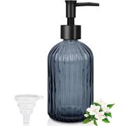 GKSCXEXE Dispenser di sapone in vetro a righe da 400 ml, con pompa e imbuto in plastica nera, ricaricabile, dispenser per lavaggio a mano, contenitore per shampoo, per bagno, cucina (blu grigiastro)