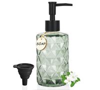 GKSCXEXE Dispenser di sapone verde da 330 ml, erogatore di sapone da cucina, dispenser di sapone a mano in vetro, dispenser con etichette in legno, imbuto nero, pompa di plastica per gel doccia,