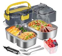 Gkstly Portapranzo Elettrico 3 In 1 Scalda Vivande Portatile Elettrico Porta Pranzo Riscaldato da 60W 1.5L per Adulti, 12V/24V/220V 2 Contenitori in Acciaio Inox, Scomparti, per Auto Camion Ufficio