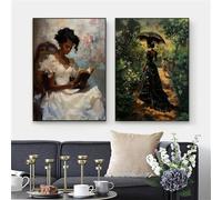 GKUVBF Vintage vittoriano africano donne nere che leggono libri barocco poster tela dipinto immagini da parete scuro decorazione da parete per la casa (40x50 cm/2 pezzi senza cornice)