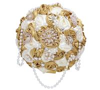 Gkvszy Bouquet da sposa in avorio e oro con spilla di strass e filo di perle, bouquet a cascata per sposa damigella d'onore Quinceanera Satin Rose Bouquet da sposa oro e avorio 22,1 cm