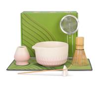 GKXLH Set di 7 fruste in ceramica per Matcha, kit per gli amanti del matcha, il set da tè Matcha include ciotola, frusta e supporto, paletta, poggiasolino, setaccio e strofinaccio, rosa