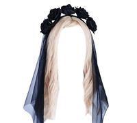 GKYQVE Fascia per capelli con fiore gotico con velo per donna GhostBride velo per festa di Halloween Costume Day Of The Death Accessori per capelli Fascia Accessorio per costume