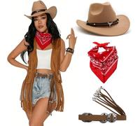 GKYQVE Wild Western Adventure Costume Collezione Con Ornato Rodeos Hat Bold Red Sciarpa E Monili A Strati Cowgirl Cosplay Costume Set Con Cappello Impreziosito