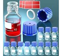 GL25 GL32 GL45 da 25 ml da 50 ml, GL45, 100 ml, 250 ml, 500 ml, 1000 ml, bottiglie di vetro con tappo a vite blu GL45, anello per versare in PP e guarnizione in silicone, adesivi (25 ml, 10pcs)