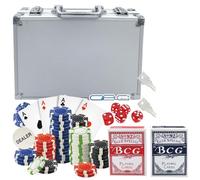 Glac Store Valigetta da Poker Texas Hold'em Blackjack, 200 Chips, 2 Mazzi di Carte Blu e Rosse, 5 Dadi, Argento