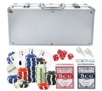 Glac Store Valigetta da Poker Texas Hold'em Blackjack, 300 Chips, 2 Mazzi di Carte Blu e Rosse, Chip Dealer, 5 Dadi, Argento