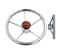 Glac Store® Volante Timone Nautico per Barca a 5 razze Inclinate Mozzo in Acciaio Inox Lucidato Diametro 32, 35, 40, 45 cm coperchio in Legno (Diametro 45 Cm)