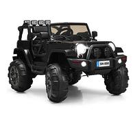 GLACER Camion per bambini, 12 V, alimentato a batteria, con telecomando Bluetooth da 2,4 GHz, 3 velocità, luci LED, 2 porte magnetiche, cintura di sicurezza, musica, MP3, sospensione a molla (nero)