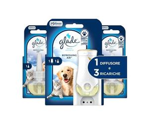 Glade Liquido elettrico Profumatore per Ambienti con Olii Essenziali, Fragranza Refreshing Air™, Elimina gli odori degli animali domestici, 1 Diffusore e 3 Ricariche