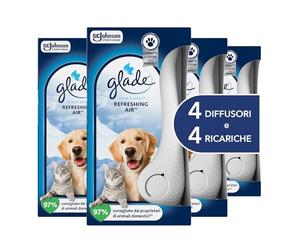 Glade Sense & Spray Profumatore per Ambienti con Olii Essenziali e Sensore di Movimento, Fragranza Refreshing Air, Elimina gli odori degli animali domestici, 4 Diffusore e 4 Ricariche, 8 Pile AA