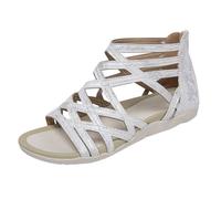 Gladiator Sandali piatti da donna con cinturino ritagliato punta aperta posteriore cerniera leggera casual estate calzature, Argento, 36.5 EU