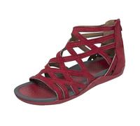 Gladiator Sandali piatti da donna con cinturino ritagliato punta aperta posteriore cerniera leggera casual estate calzature, Rosso, 37 EU