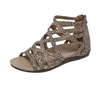 Gladiator Sandali piatti da donna con cinturino ritagliato punta aperta posteriore cerniera leggera casual estate calzature, cachi, 36 EU