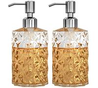 GLADPURE Dispenser di sapone - Confezione da 2 dispenser di sapone per le mani in vetro trasparente con design a diamante trasparente ricaricabile; con pompa in acciaio inossidabile 304, dispenser per