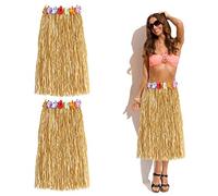 GLAITC 2 Pezzi da 80 cm Hula Grass Skirt Abito da Ballo Leis Hawaiano Set con Fiore, Gonna Elastica Colore Paglierino Dorato per Forniture per Feste Estive Hawaiian Aloha Beach
