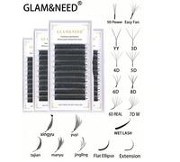GLAM&NEED 10 file di ciglie finte a forma di C, a fiore, automatiche, a forma di W, 3D/4D/5D/6D/7D/8D/YY/6D in visone/ciglie bagnate/5D a fiore/ovali piatte/ventaglio facile/extension ciglie/Jingling/