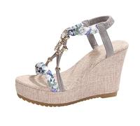 Glam - Sandali da donna con zeppa e cinturino a T, stile bohémien, intrecciati, con plateau, per serate, feste, matrimoni, vacanze, Blu, 40 EU