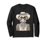 Glam Skeleton con Cappello da Cowboy Gotico Occidentale Halloween Maglia a Manica
