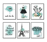 Glam Teal - Set di 6 stampe artistiche da parete con fiori e labbra di fiori, in tela, design alla moda, opere d'arte di Parigi decorazione per camera da letto (28 x 35,6 cm senza cornice)