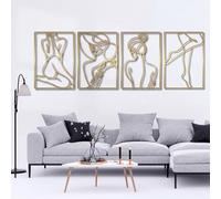 Glamativity Confezione da 4 decorazioni artistiche da parete dorate, stile minimalista, decorazione artistica da parete a linea singola, arte da parete in vero metallo, arte astratta da parete a forma