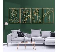 Glamativity Confezione da 4 decorazioni da parete dorate, minimaliste femminili a linea singola, decorazione da parete in vero metallo, arte astratta a forma di corpo della donna, per cucina, camera da letto, soggiorno