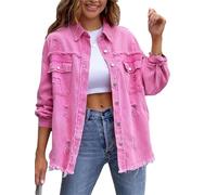 Glamidea Giacca in Jeans Strappata Revers per Donna a Maniche Lunghe Monocolore con Bottoni Giacca di Transizione Ampia ed Elegante con Tasche e Orlo Sfilacciato Moda per Il Tempo Libero