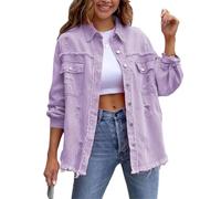 Glamidea Giacca in Jeans Strappata Revers per Donna a Maniche Lunghe Monocolore con Bottoni Giacca di Transizione Ampia ed Elegante con Tasche e Orlo Sfilacciato Moda per Il Tempo Libero