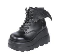 Glamidea Stivali da Donna con Lacci a Forma D'ala Laterale Moda in Pelle Verniciata Nera Goth Punk con Tacco a Zeppa Stile Moto Plateau e Design per il Tempo Libero